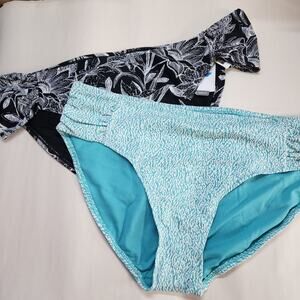 Bundle Womens Bikini Bottoms 2X 20W-22W Jacquard Ruched Teal Black Floral Cheeky